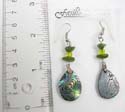 Fashion fish hook earring with 2 green and 1 light green beads on top and wrist-watch88er-drop shape abalone seashell dangle hanging on bottom