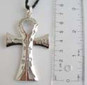 Fashion necklace with black twisted cord string holding a cross mental pendant with multi cut-out design at center