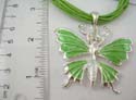 Fashion necklace with multi green strings holding a greenish enamel butterfly feature pendant. Lobster claw clasp