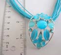 Fashion necklace with multi blue strings with assorted shapes blue cat eyes embedded pearl-shaped pendant. Lobster claw clasp