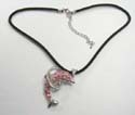 Fashion necklace with black thick cord holding a pendant in dolphin jumping in a hoop design with assorted color cz stone embedded. Silver chain extension with lobster clasp. Randomly pick by warehouse staffs
