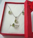 Fashion jewelry box set, ball chain necklace, stud earring and ring with green cz embedded silver plated pearl shape. Lobster claw clasp